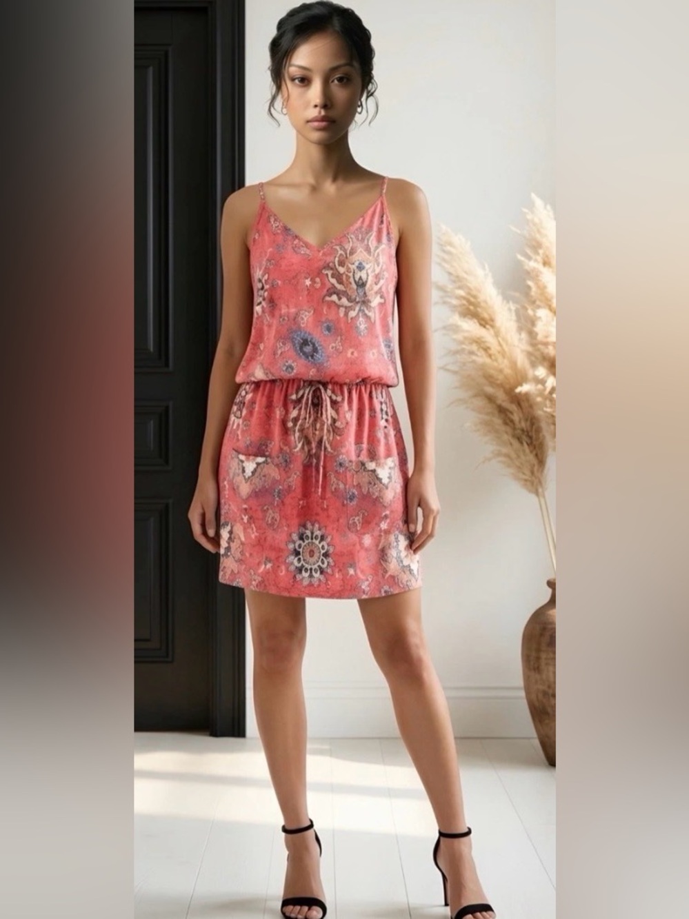 New Coral Printed Spaghetti Strap Mini Dress